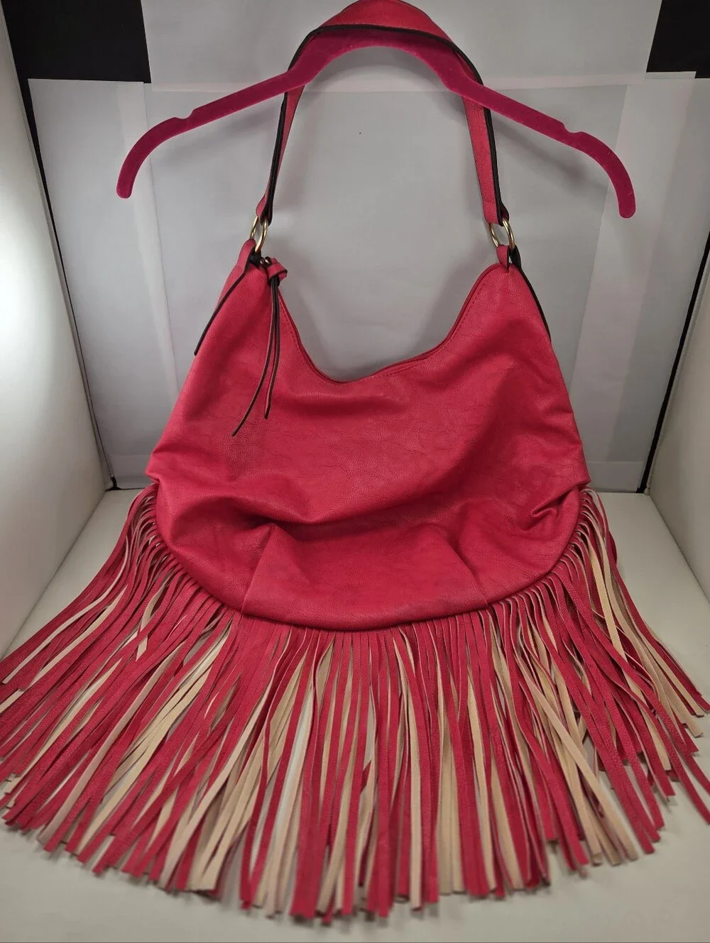Yoki Hot Pink Fringe Faux Leather Boho Hobo Bag
